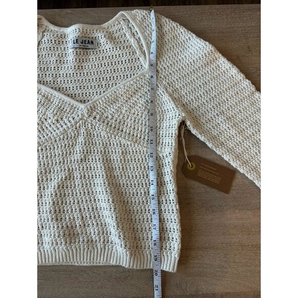 Le Jean NWT Linen Crochet Top in Sand Size 4 Half Sleeve Sweetheart Neckline - Picture 9 of 11